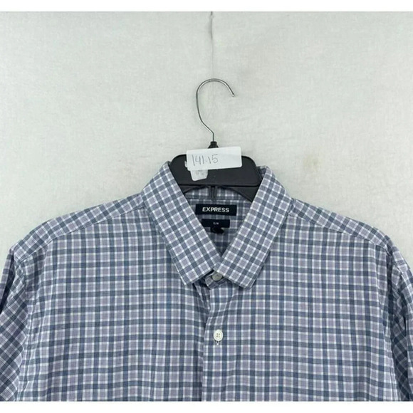Express Button-Up Shirt Men's Sz L Purple Slim Fit Plaid Collared Curve Hem - Picture 12 of 12